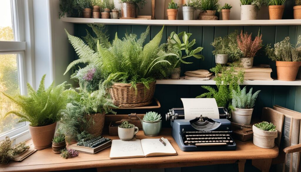 Indoor plants and dried flowers in a cottagecore office