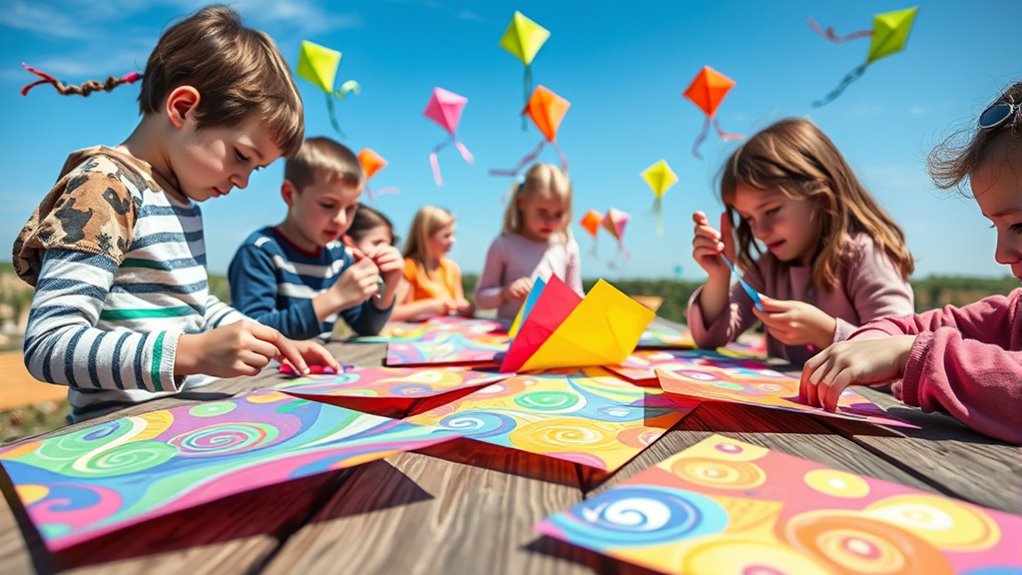 creating paper kites outdoors